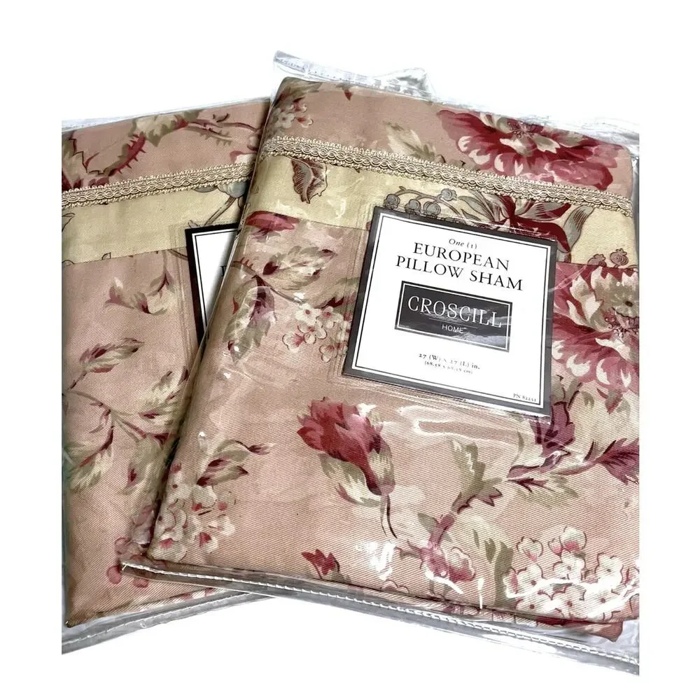 Set of 2 Vtg Croscill Euro Pillow Shams *Margarita* | Cottage Dusty Rose Floral